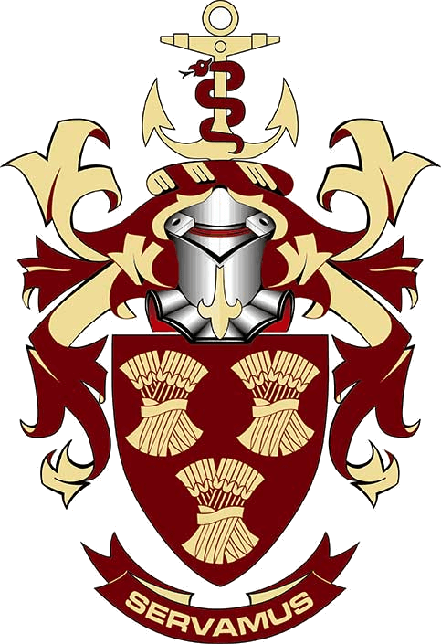 The Groote Schuur Hospital coat of arms — three wheat sheaves beneath a knight's helm and the Rod of Asclepius